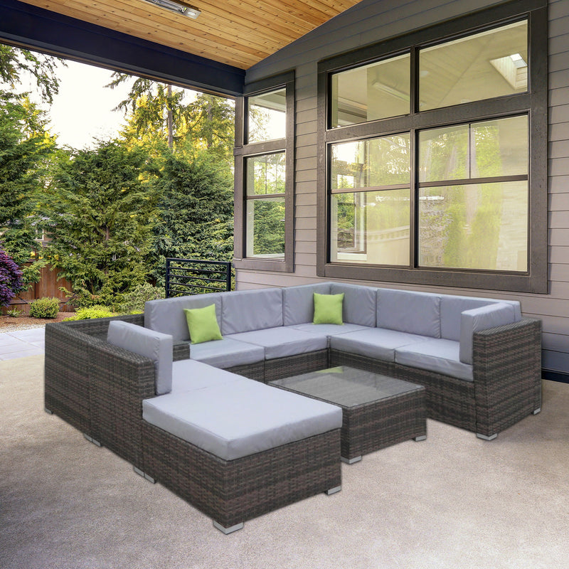 Milano Outdoor 9 Piece Oatmeal Rattan Sofa Set - Black Coating & Grey Seats (6 Boxes)