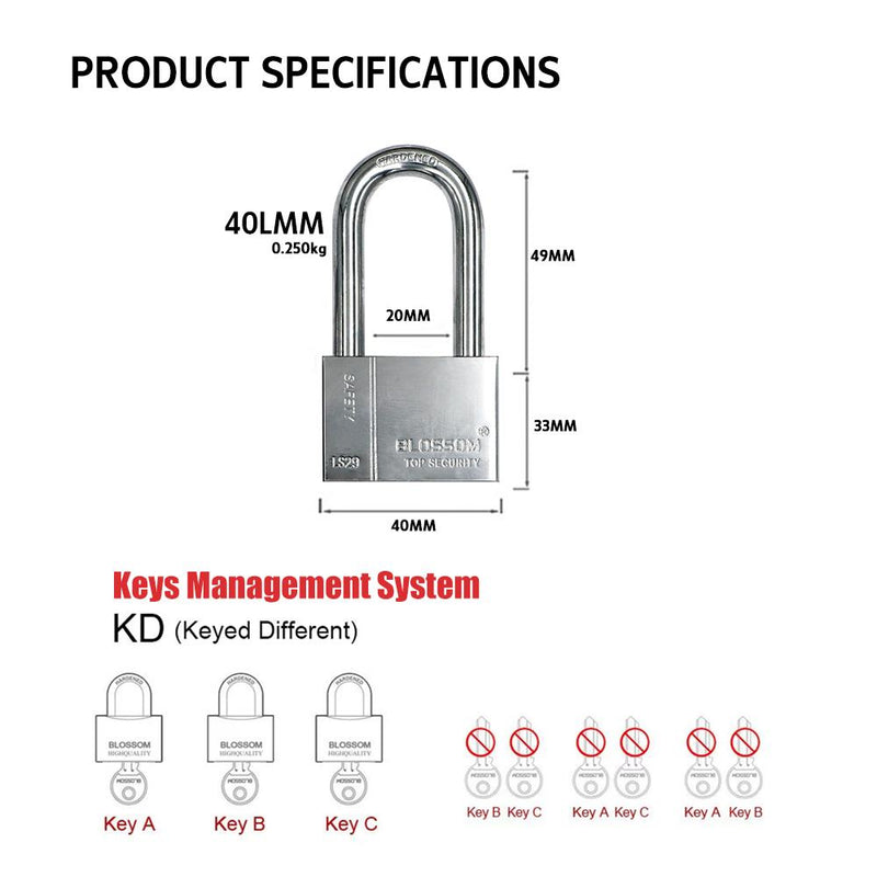 BLOSSOM PADLOCK STEEL CP RECTANGLE HD LONG SHACKLE 40MM