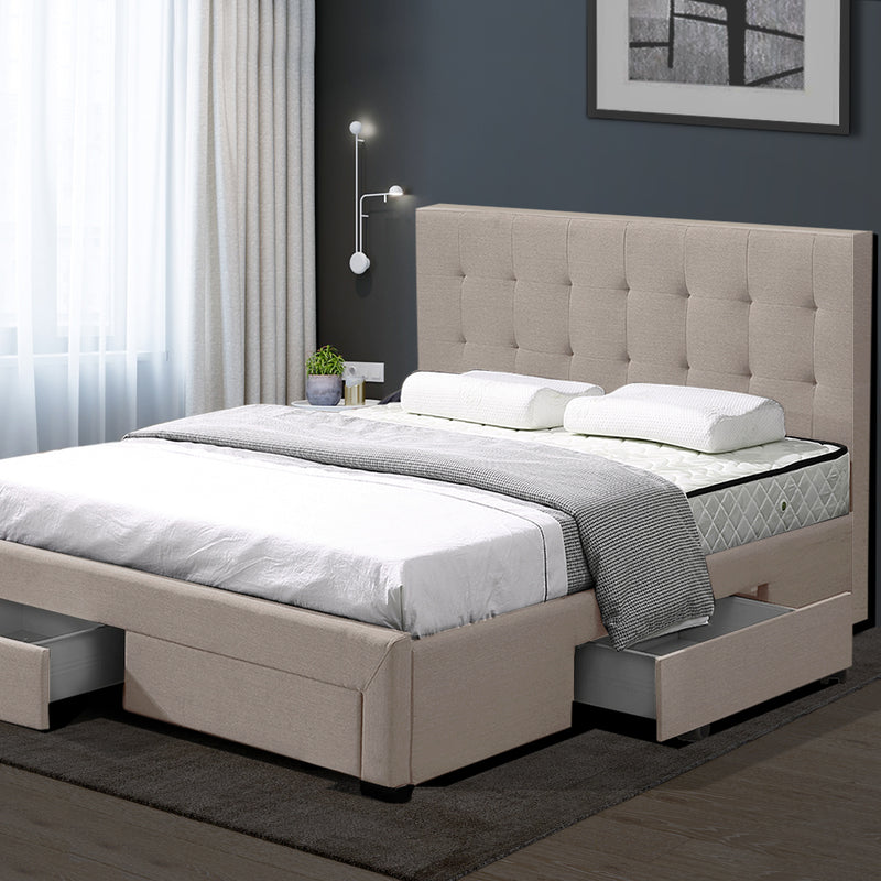 Levede Bed Frame King Fabric With Drawers Storage Beige