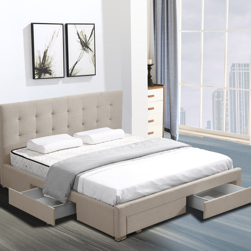 Levede Bed Frame King Fabric With Drawers Storage Beige