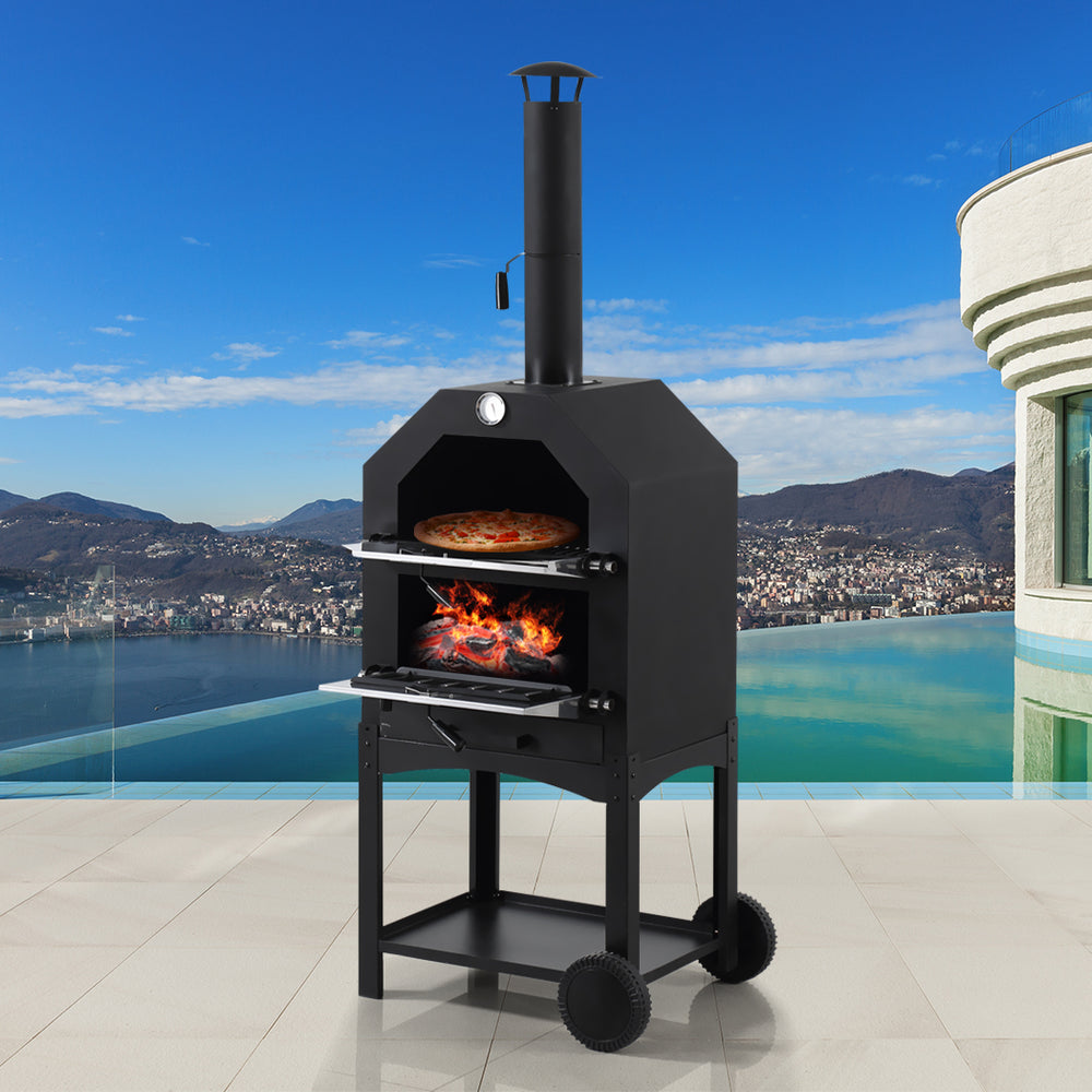 3in1 Charcoal BBQ Grill Steel Pizza Oven Smoker Outdoor Portable Barbe