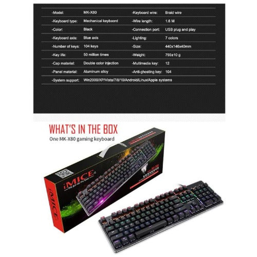 IMICE MKX80 USB Wired Conflict-Free Backlight Gaming Mechanical Keyboard