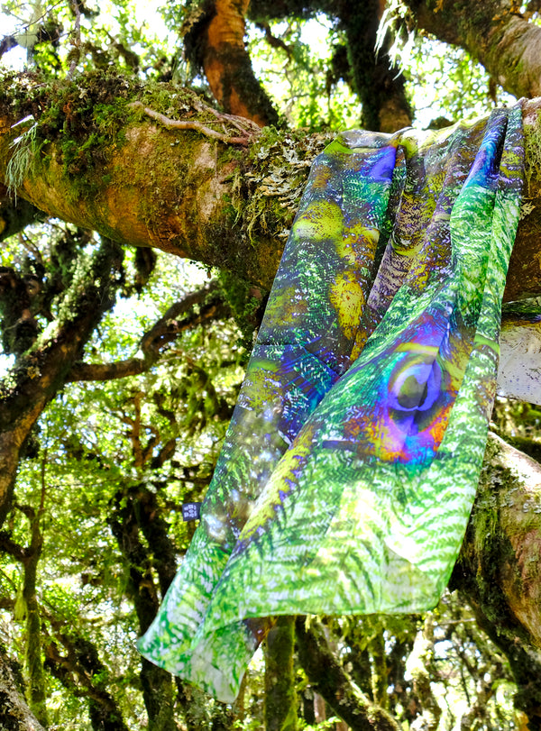 Silk Chiffon Scarf Peacock Among the Ferns