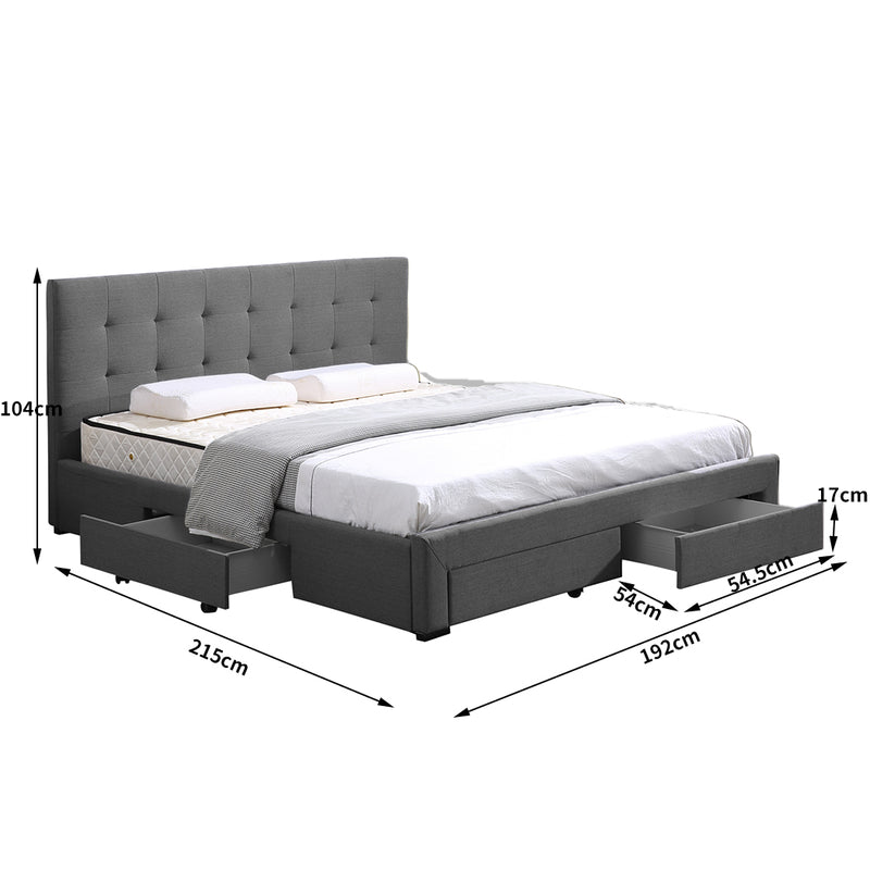 Levede Bed Frame King Fabric With Drawers Storage Wooden Mattress Grey