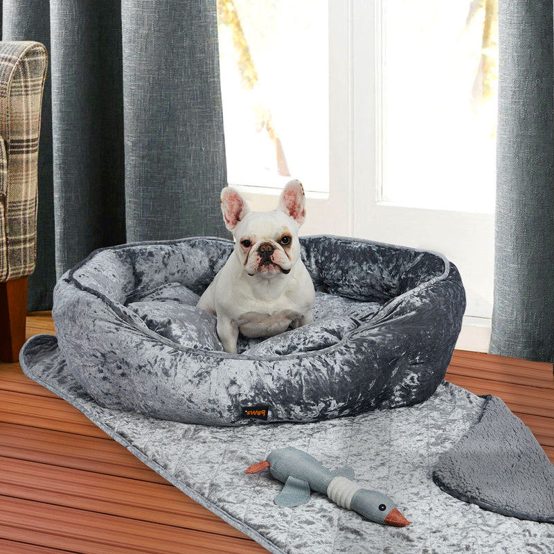 PaWz Pet Bed Set Dog Cat Quilted Blanket Squeaky Toy Calming Warm Soft Nest Grey XL