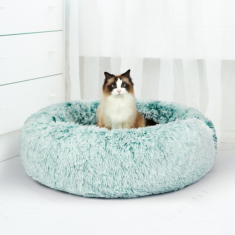 Pet Bed Cat Dog Donut Nest Calming Mat Soft Plush Kennel Teal L