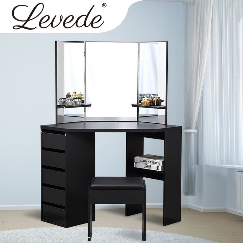 Levede Dressing Table Stool Mirror Jewellery Organiser Makeup Cabinet 5 Drawers