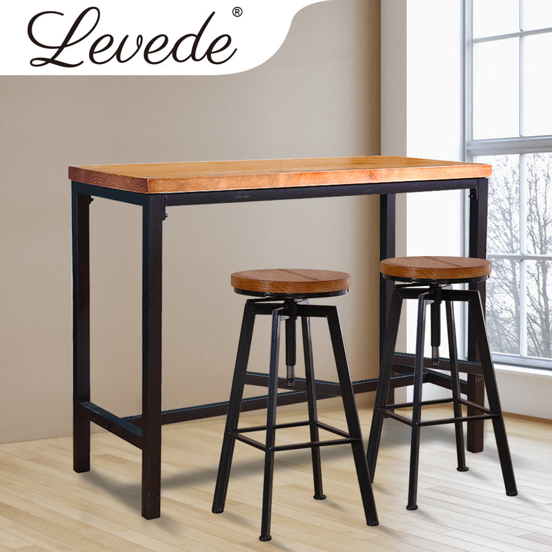 Levede 3pc Industrial Pub Table Bar Stools Wood Chair Set Home Kitchen Furniture