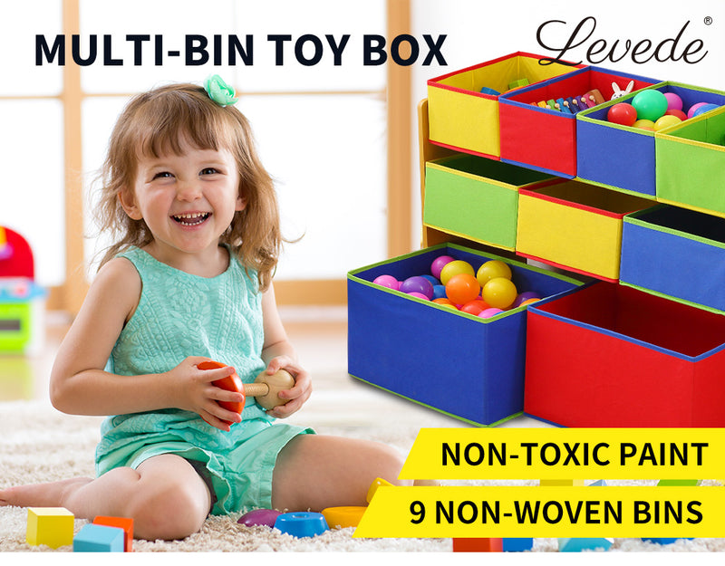 Levede Kids Toy Box 9 Bins Storage Rack Organiser Cabinet Wooden Bookcase 3 Tier