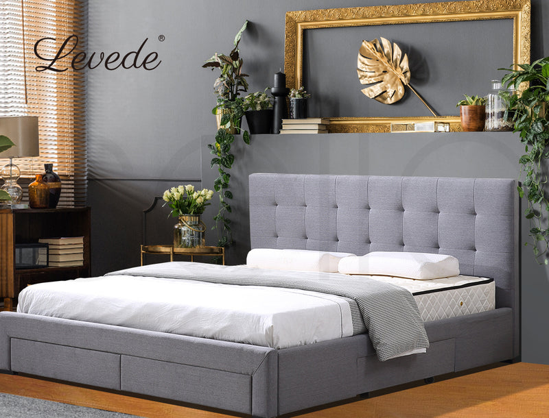 Levede Bed Frame Base With Storage Drawer Mattress Wooden Fabric Queen Dark Grey